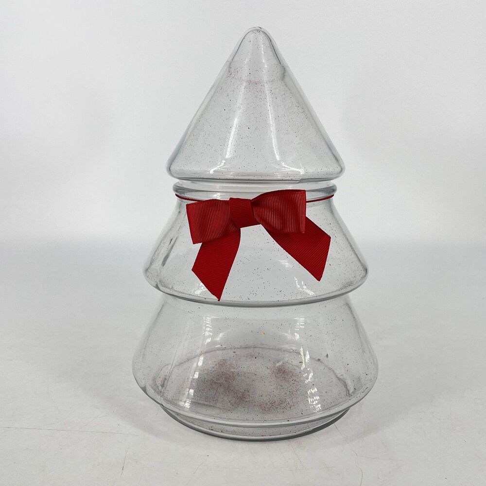 Large Glass Christmas Tree Apothecary Jar Canister w/ Lid 9 1/2” Made in USA